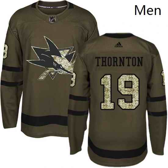 Mens Adidas San Jose Sharks 19 Joe Thornton Authentic Green Salute to Service NHL Jersey